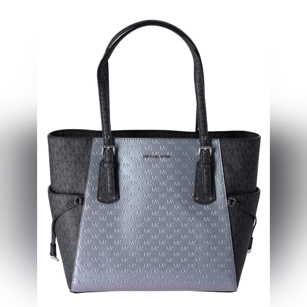 Michael Kors Voyager Travel Shoulder Tote Heather Grey Patent Leather Black MK